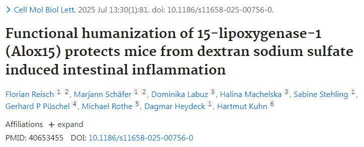 功能性人源化15-脂氧合酶-1 (Alox15) 保護小鼠免受葡聚糖硫酸鈉誘導(dǎo)的腸道炎癥
