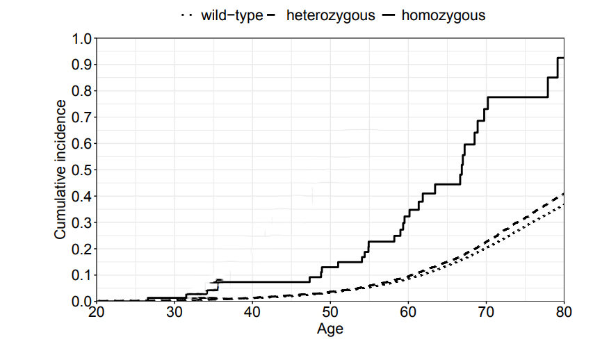 FANCM基因c.5101C>T位點(diǎn)純合突變攜帶者、雜合突變攜帶者及野生型（wt）個(gè)體的首次浸潤(rùn)性癌癥累積發(fā)病率