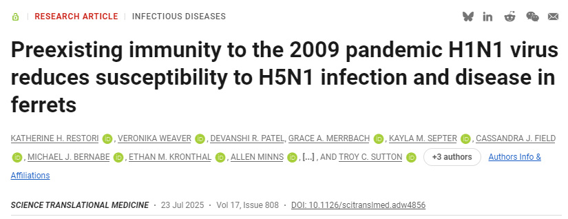 針對2009年甲型H1N1流感病毒的預(yù)存免疫力可減弱雪貂對H5N1感染的易感性及發(fā)病風險