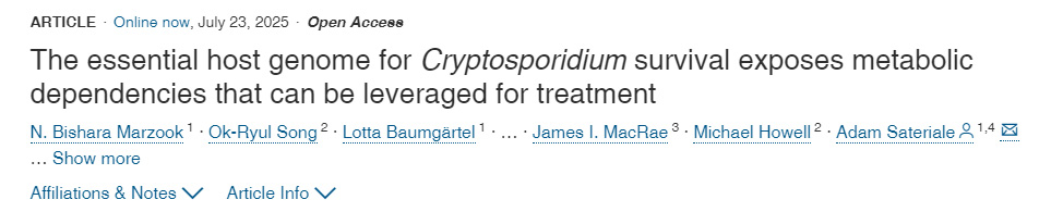 揭示隱孢子蟲(chóng)生存必需的宿主基因組，暴露可用于治療的代謝依賴性