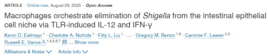 巨噬細胞通過Toll樣受體誘導的白細胞介素12與γ干擾素，協(xié)調(diào)清除腸上皮細胞微環(huán)境中的志賀氏菌