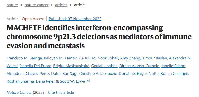 使用MACHETE，研究人員發(fā)現一個明顯的缺失通常會消除一組干擾素基因，導致胰腺癌和黑色素瘤小鼠模型的預后較差