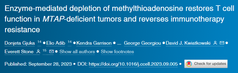 酶介導(dǎo)的甲硫腺苷耗竭可恢復(fù)MTAP缺陷腫瘤的T細胞功能并逆轉(zhuǎn)免疫療法耐藥性 酶介導(dǎo)的甲硫腺苷耗竭可恢復(fù)MTAP缺陷腫瘤的T細胞功能并逆轉(zhuǎn)免疫療法耐藥性