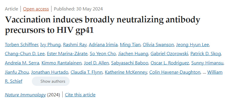 疫苗接種誘導(dǎo)對(duì)HIV gp41的廣泛中和抗體前體